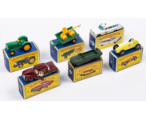 6x Matchbox Series. 50b; John Deere Laz Tractor in green with black tyres. 51b; Tipping Trailer in green with black tyres. 52
