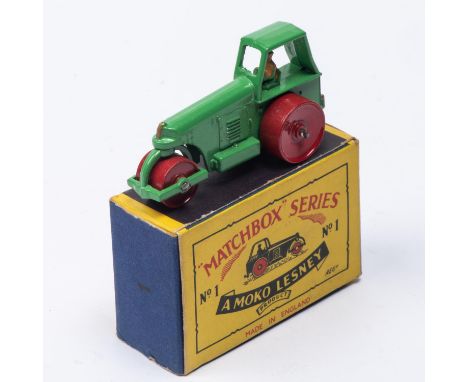 A Matchbox Series No. 1 Aveling Barford Diesel Road Roller. In light green with red rollers and tan driver. Boxed, minor wear