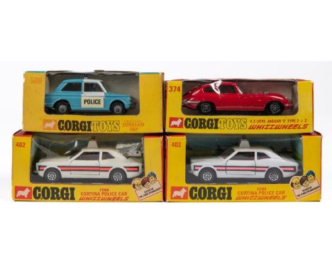 4x Corgi Toys Whizzwheels. A 4.2 litre Jaguar E Type 2+2 (374) in red. A Police Panda Sunbeam Imp (506) in light blue and whi