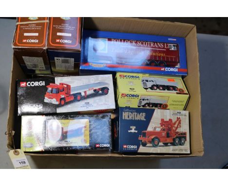 14 Corgi commercial vehicles. Including a MAN platform trailer, Volvo F88 tanker, Leyland Ergomatic trailer set. Guy Warrior 