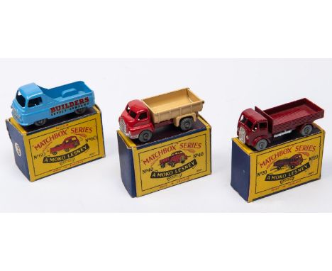3 Matchbox Series. No. ERF Truck. In maroon with silver trim and metal wheels. No.40 Beford S 7 Ton Tipper. In red with light