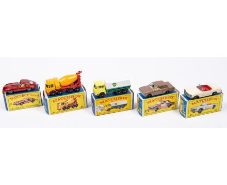 5x Matchbox Series. 21d; Foden Concrete Truck in red and yellow. 25c; Bedford Petrol Tanker in green and white with 'BP' to s