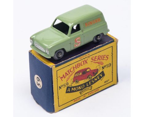 Matchbox Series No.59 Ford Thames Van. An example in light green with 'SINGER' to side panels and 'S' to doors, with grey pla