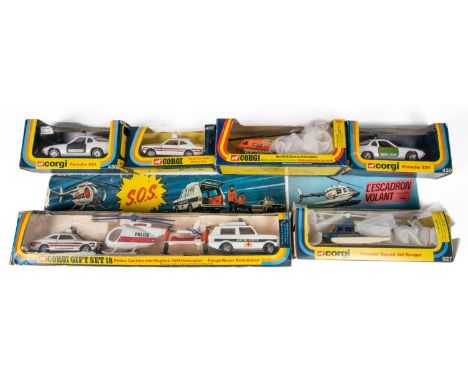 6x Corgi Emergency vehicles. Emergency Services Gift Set 18 comprising; Police Cortina, Hughes 369 Helicopter and Range Rover