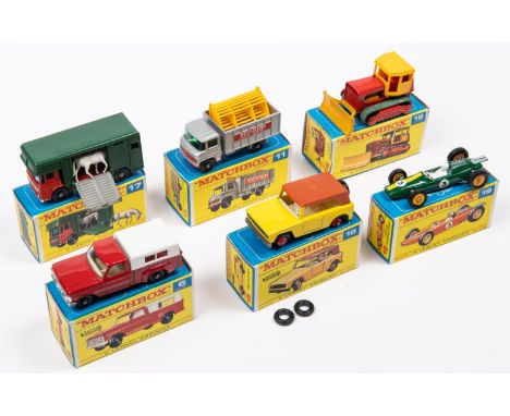 6x Matchbox Series. 6d; Ford Pick-Up in red with white tilt and silver grill. 11d; Mercedes Scaffolding Truck in silver. 16d;