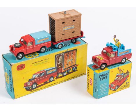 2x Corgi Toys. A Chipperfields Land Rover with elephant and cage on trailer gift set (19) with metal tilt to Land Rover. Miss