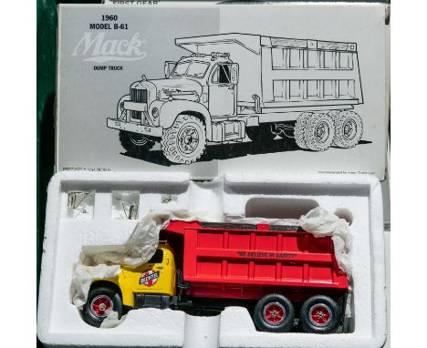 10 First Gear 1:34 scale Trucks. 3x 1960 Mack Model B61 Dump Truck, Evans Lands and 2x Betchell.  2x 1955 Diamond-T Tow Truck