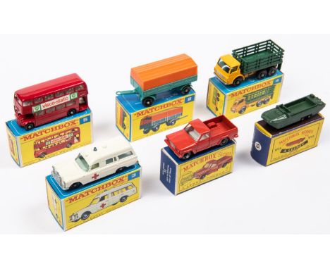 6x Matchbox Series. 55a; DUKW Amphibian in green. 71b; Jeep Gladiator Pick-Up in orange. 5d; Routemaster (70mm) in red with '