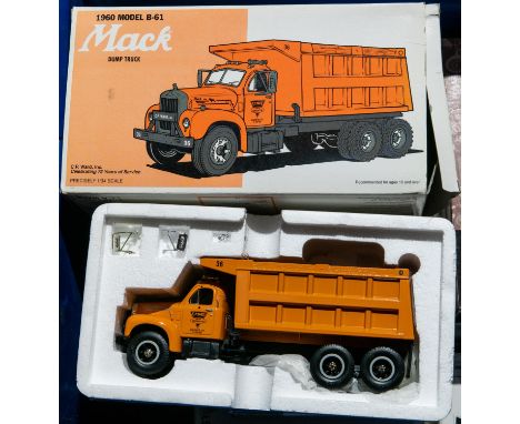 10 First Gear 1:34 scale Trucks. 2x 1960 Model B-61 Mack Dump Truck, C.P.Ward and Blaschak Coal. 2x Mack R-Model Mixer, River