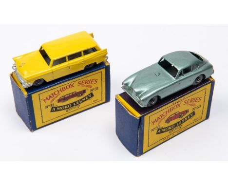 2 Matchbox Series. No.31 Ford Station Wagon. In yellow with black base and metal wheels. Plus, a No.53 Aston Martin DB2/4 Mk1