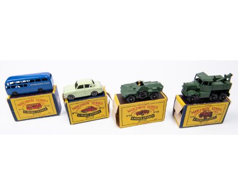 4 Matchbox Series. No. 57 Wolseley 1500. In light green with grey plastic wheels. No. 58 AEC Coach 'British European Airways'