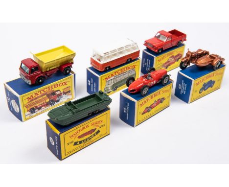 6x Matchbox Series. 55a; DUKW Amphibian in green. 66b; Harley-Davidson Motorcycle and sidecar in metallic bronze. 68b; Merced