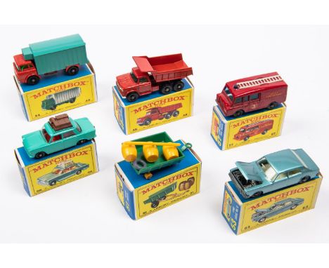 6x Matchbox Series. 44c; GMC Refrigerator Truck in red and sea-green. 48c; Dodge Dumper Truck in red with wide black plastic 