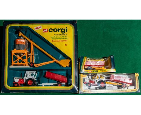 3x Corgi Agricultural vehicles. An Agricultural Set (42), comprising David Brown 1412 Tractor, tipper trailer, Silo and Grain