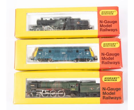 3 Hornby Minitrix N Gauge locomotives. A B.R. Britannia class 4-6-2 tender locomotives, Boadicea RN70036. A B.R. Warship clas