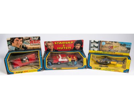 3x Corgi Film &amp; TV related vehicles. Starsky &amp; Hutch Ford Torino (292) in red and white with 3x figures. Vegas Ford T