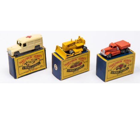 3 Matchbox Series. No.14 Daimler Ambulance. In cream with silver trim, red cross to roof and metal wheels. No. 15 Diamond T P