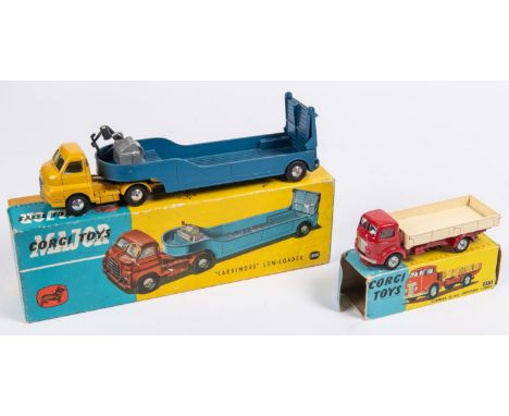 2x Corgi Toys. A Bedford Carrimore Low-Loader (1100) with yellow cab, metallic blue trailer and smooth wheels. A Commer Drops