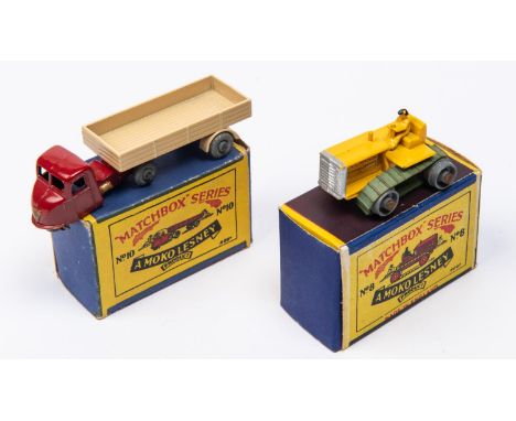 2 Matchbox Series. No. 8 Caterpillar Tractor. In yellow with yellow driver, silver radiator grille, green tracks and upainted