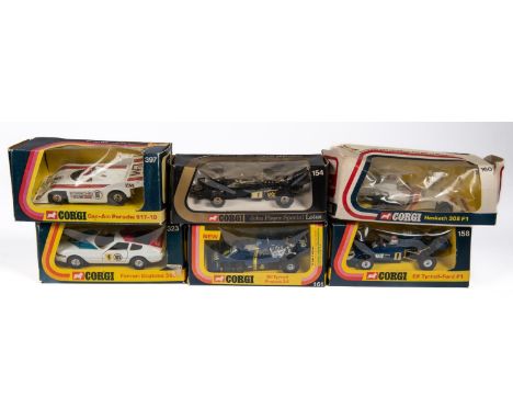 6x Corgi Racing Cars. Including; JPS Lotus (154). Elf Tyrrell-Ford (158). Elf Tyrrell Project 34 (161). Hesketh 308 (160). Fe