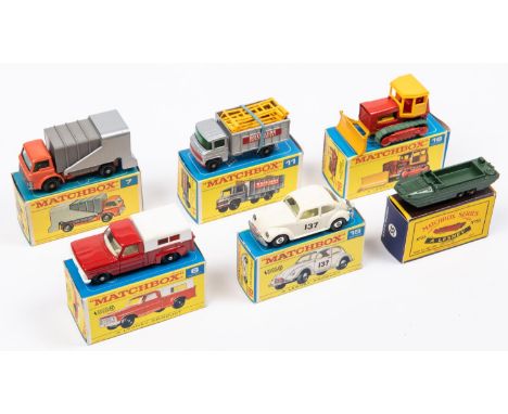 6x Matchbox Series. 55a; DUKW Amphibian in green. 6d; Ford Pick-Up in red with white tilt and grill. 7c; in orange and silver