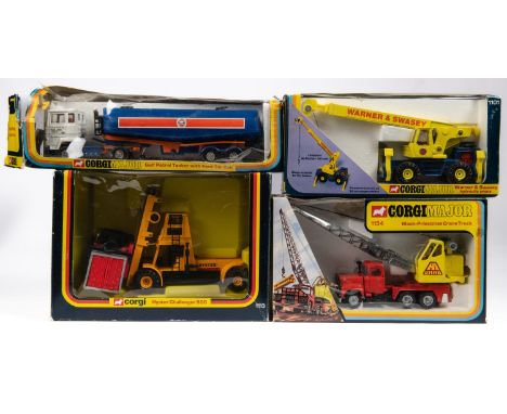 4x Corgi. A Hyster Challenger 800 (1113) in yellow with United States Lines on container. Mack-Priestman Crane Truck (1154). 