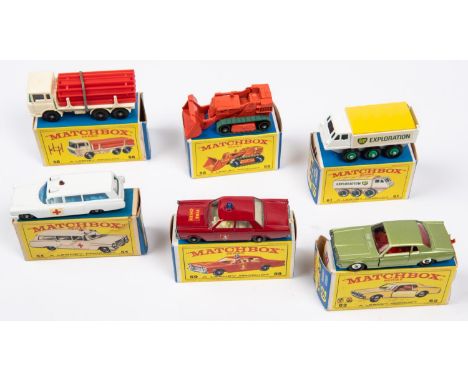 6x Matchbox Series. 54b; Cadillac Ambulance in white. 58c; DAF Girder Truck in white. 58b; Drott Excavator in orange with ora
