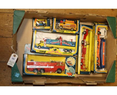 6x Corgi vehicles. A Berliet Dolphinarium (1164) with yellow tractor unit and trailer. Chubb Pathfinder Airport Crash Truck (