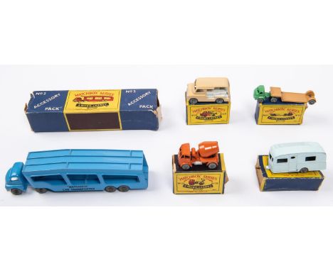 5 Matchbox Series. No.2 Accessory Pack. Bedford Car Transporter, in light blue with 'Matchbox Car Transporter' to sides, with