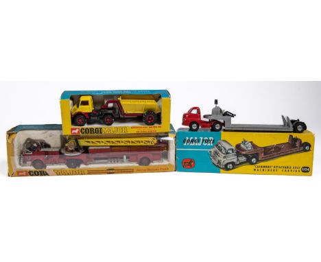 3x Corgi Toys. A Bedford Carrimore Detachable axle Machinery Carrier (1104) with red cab and silver trailer. A Mercedes-Benz 