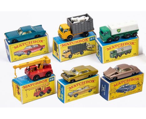 6x Matchbox Series. 28c; Jaguar Mk.10 in pale metallic brown. 31c; Lincoln Continental in metallic blue. 32c; Leyland Petrol 