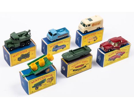 6x Matchbox Series. 51b; Tipping Trailer in green with 3x yellow barrels (still on sprue) and grey tyres. 53b; Mercedes-Benz 