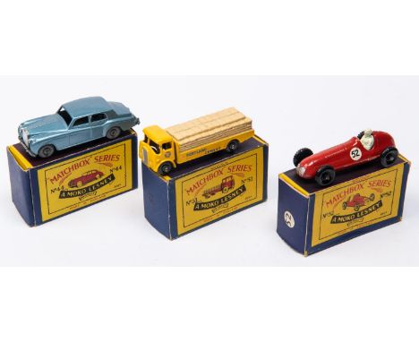 3 Matchbox Series. No.44 Rolls-Royce Silver Cloud. Metallic silver-blue body, black base and metal wheels. No.51 Albion Chief