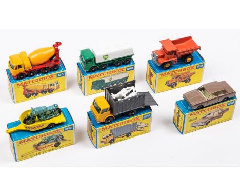 6x Matchbox Series. 21d; Foden Concrete Truck in red and orange. 25d; Ford Cortina GT in metallic light brown. 28d; Mack Dump