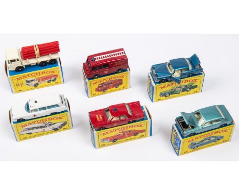 6x Matchbox Series. 46c; Mercedes 300SE Coupe in metallic blue with black plastic wheels. 53c; Ford Zodiac Mk.IV in light met