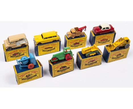 8x Matchbox Series. 1b; Aveling Barford Diesel Road Roller in green with red rollers. 3a; Cement Mixer in light blue with ora