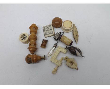 A Mixed Lot: small Ivory Table Clamp with floral decoration, mother-of-pearl handled Button Hook, Bone Mounted String Winder,