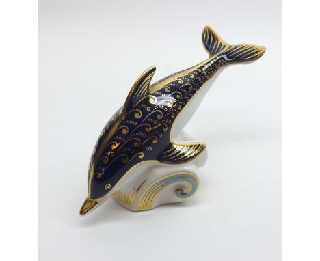 A Royal Crown Derby Paperweight: Dolphin (gold button), 7" long  