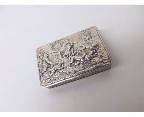 An early 20th Century German Hanau Silver Snuff Box of hinged rectangular form, the lid decorated with a hunting scene, the i