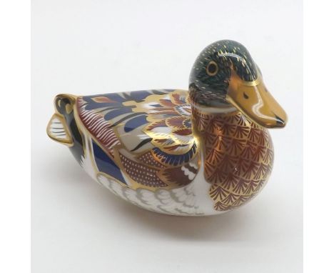 A Royal Crown Derby Paperweight of a Mallard (gold button), 5" long  