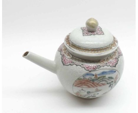 An 18th Century Chinese Export Teapot, painted in colours with panels of Chinese river scenes, on a scroll moulded ground (ha