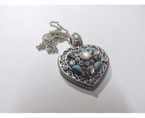 Arts & Crafts style heart-shaped Pendant, set with Turquoise and Mother of Pearl stones, 30mm drop  