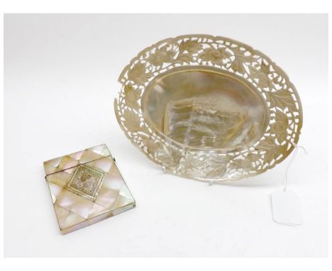A Mother-of-Pearl Oval Dish, the border decorated with foliage, together with a further Card Case, the front with a diamond-s