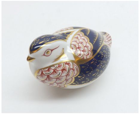 A Royal Crown Derby Paperweight of a Quail (gold button), 4 1/2" long  