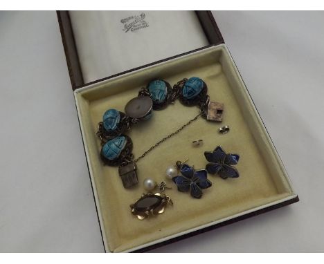 Small mixed jewellery lot including white metal and blue ceramic mounted Scarab Bracelet, pair of enamelled Earrings, pair of