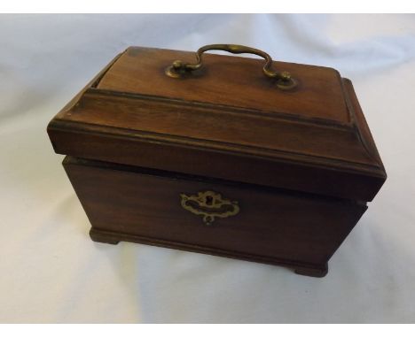 Georgian Mahogany tea caddy of rectangular form, the lid with Brass swan neck handle, the interior with three metal canisters