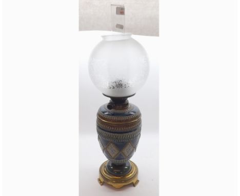 Doulton Stoneware Oil Lamp fitted with clear glass chimney, frosted glass shade, stoneware body decorated with lozenges and g