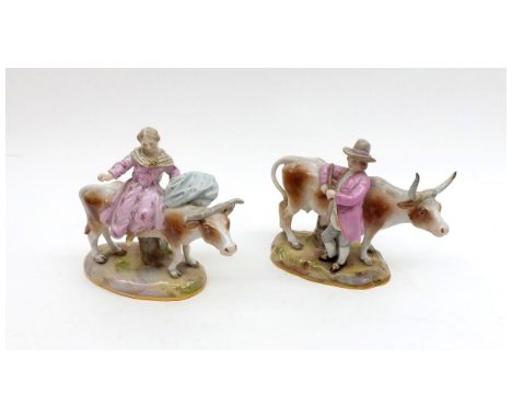 A pair of Meissen Groups of man in a puce jacket standing beside a cow with stick in his left hand, lady wearing a puce dress