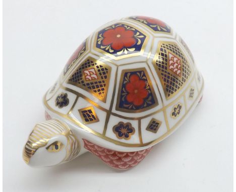 A Royal Crown Derby Paperweight of a Tortoise (silver button), 4 1/2" long 