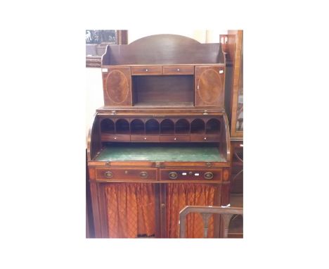 Unusual Georgian Mahogany and inlaid Bureau Cabinet, the removable top section with galleried shelf over two short drawers an